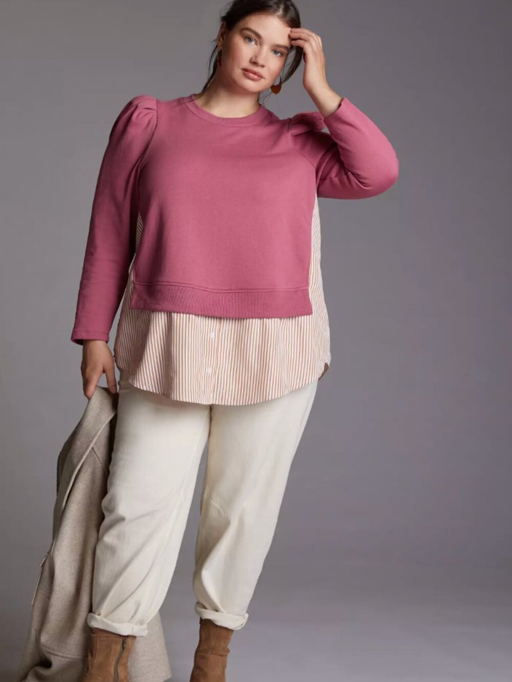 Anthropologie Maeve Puff Sleeve Dusty Rose Pink Layered Tunic Sweatshirt Size 1X
